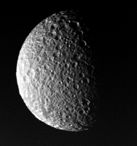 The south pole of Mimas taken by Voyager 1, 127,000 km (79,000 miles) away with a resolution of 1 km/pixel.[37]