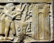 Wall plaque showing libation scene from Ur, Iraq, 2500 BCE. British Museum (libation detail).jpg