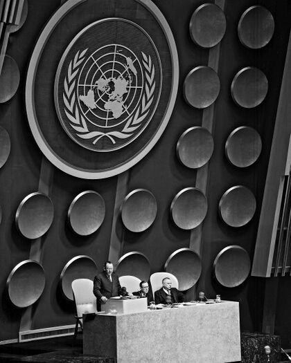 Disks in the United Nations General Assembly hall on which the national arms were to be engraved[1]