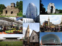 Leicester landmarks: (clockwise from top-left) Jewry Wall, National Space Centre, Arch of Remembrance, Central Leicester, Curve theatre, Leicester Cathedral and Guildhall, Welford Road Stadium, Leicester Market