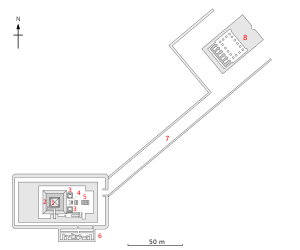 Layout of a temple, its main building being rectangular and connected to a long causeway