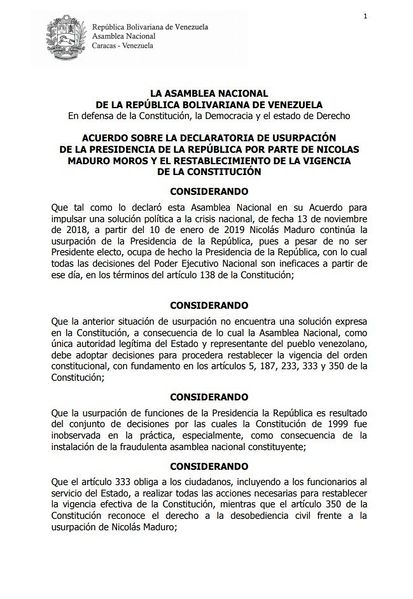 ملف:Acuerdo sobre la declaratoria de usurpación de la presidencia de la república por parte de Nicolas Maduro Moros y el restablecimiento de la vigencia de la constitución - Página 1.jpg