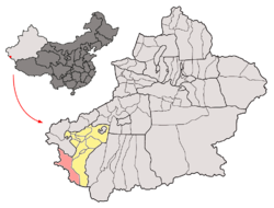 ناحية طاش‌قورغان (بالأحمر) في محافظة قشغر (بالأصفر) وشين‌جيانگ