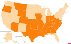 الولايات في الولايات المتحدة من قبل السكان البروتستانت الإنجيليين وفقاً لمسح المشهد الديني لعام 2014 لمركز بيو للأبحاث.[151] الولايات ذات السكان البروتستانت الإنجيليين أكبر من الولايات المتحدة ككل باللون البرتقالي الكامل.