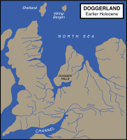 Map showing hypothetical extent of Doggerland (c. 8,000 BC), which provided a land bridge between Great Britain and continental Europe