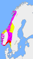 The division of the kingdom after the Battle of Svolder (1000) between Sweden (yellow), Denmark (red) and the jarl of Lade (purple).