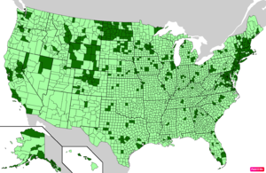 المقاطعات في الولايات المتحدة حسب نصيب الفرد من الدخل وفقاً لمسح المجتمع الأمريكي التابع لمكتب الإحصاء الأمريكي 2013-2017 بتقديرات 5 سنوات. [152] المقاطعات ذات الدخل الفردي الأعلى من الولايات المتحدة ككل باللون الأخضر الكامل.