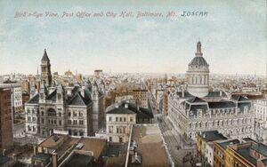 A post card showing a cityscape, from slightly after the turn of the 20th century