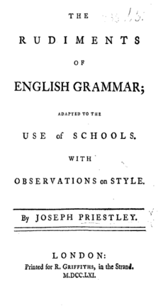 Page reads: "The Rudiments of English Grammar; Adapted to the Use of Schools, with Observations on Style. By Joseph Priestley. London: Printed for R. Griffiths, in the Strand. M.DCC.LXI."