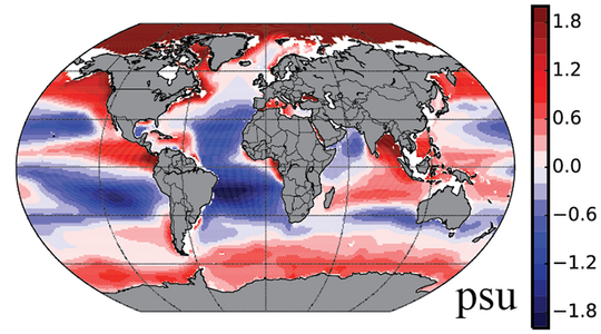 Vertical differences in sea salinity between the surface and a depth of 300 metres. Salinity increases with depth in red regions and decreases in blue regions.[14]