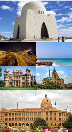 Clockwise from top: Mazar-e-Quaid; Hawke's Bay Beach; Frere Hall; Karachi Port Trust Building; Mohatta Palace; and Port of Karachi