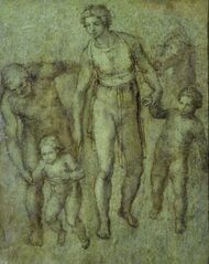 The Holy Family with St John the Baptist, brush and brown wash on panel by Michelangelo
