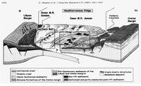 Interpretative 3D tectonic sketch of the Central Mediterranean Ridge and the Olimpi and the Southern Belt Mud Fields. Two different source levels are proposed for the two mud fields, the Olimpi Field being related to relatively shallow mud formations with high fluid contents and the Southern Field being connected to deeper mud sources with lower fluid contents, Huguen, et. al., 2005.