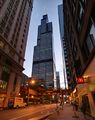A view of Willis Tower at dusk