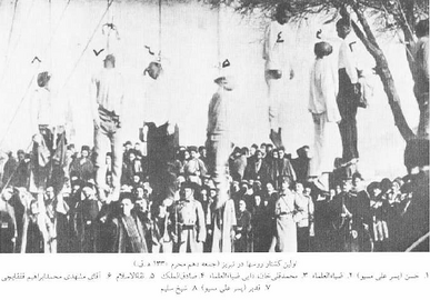 First round of execution of revolutionaries and Tabrizi people by Russian forces. The gibbet is colored in the Russian Tsar's flag colors