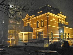 Office building illuminated by high-pressure sodium lamps