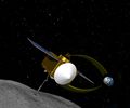 Illustration of OSIRIS-REx collecting a sample from asteroid Bennu.