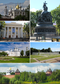 Counter-Clockwise: the Millennium of Russia, cathedral of St. Sophia, the fine arts museum, St. George's Monastery, the Kremlin, Yaroslav's Court