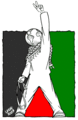 الانتفاضة العالمية بقلم لطوف تظهر 'شخصاً عالمياً' يرتدي كوفية، making the V (victory) sign with the left hand and holding a slingshot in the right hand, in front the Palestinian flag.