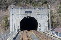 Entrance to the tunnel from Honshu side. The dual gauge tracks are visible