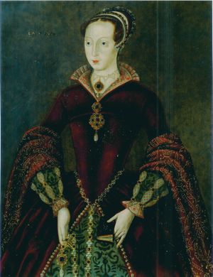 A stiff Elizabethan-style three-quarter portrait of Lady Jane Grey wearing elaborate formal dress and holding a prayer book. She is a tall, pale, rather horsey-faced young woman.