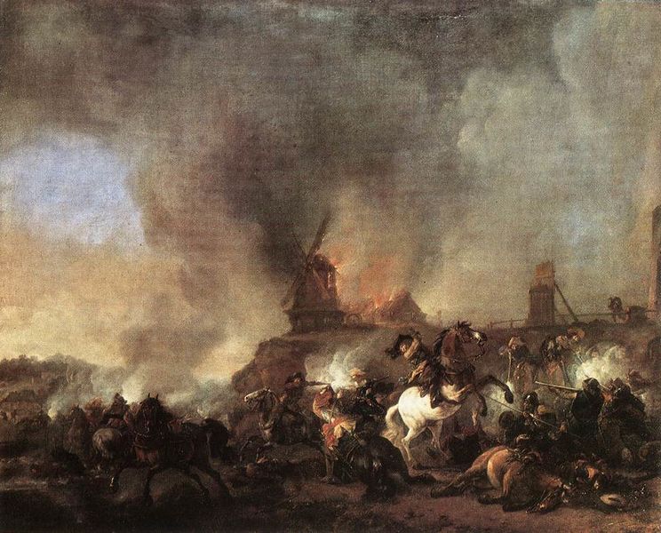 ملف:Cavalry in front of a Burning mill by Wouwerman.jpg