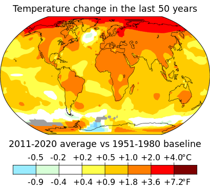 The Global map shows sea temperature rises of 0.5 to 1 degree Celsius; land temperature rises of 1 to 2 degree Celsius; and Arctic temperature rises of up to 4 degrees Celsius.
