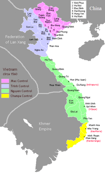 Map showed the division of Vietnam territory among Nguyễn lords (green), Lê - Trịnh lords (purple), Mạc dynasty domain (pink) and Champa (yellow) in the Lê–Mạc War.