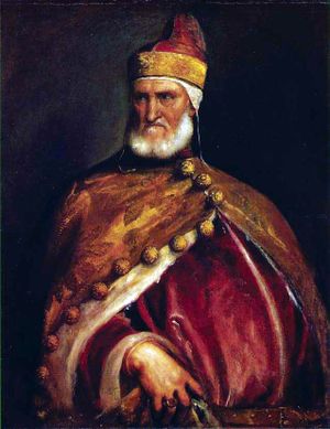 Oil portrait of an elderly man with stern face and short white beard, richly dressed in a robe with huge gold buttons and distinctive cap of office. The picture seems to capture a moment in time.