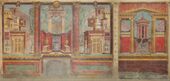 Restoration of a fresco from an Ancient Roman villa bedroom, circa 50-40 BC, dimensions of the room: 265.4 × 334 × 583.9 cm, in the Metropolitan Museum of Art (New York City)