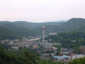 Photograph of Gatlinburg with the Great Smoky Mountains in the background