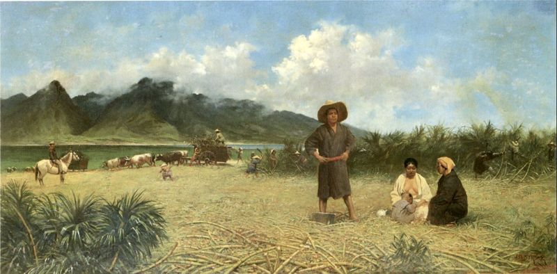 ملف:'Japanese Laborers on Spreckelsville Plantation', oil on canvas painting by Joseph Dwight Strong, 1885, private collection.jpg
