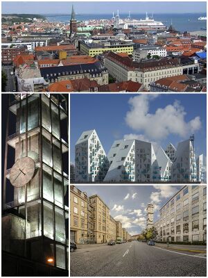 From top and left to right: Aarhus skyline, Aarhus City Hall, Isbjerget, Park Allé