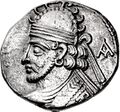 Coin of Pacorus II wearing a tiara and beard, minted in 93