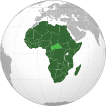 إسقاط عمودي للعالم، موضح عليه الاتحاد الأفريقي والدول الأعضاء (بالأخضر).