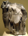 Fragmentary statue triad of Menkaura flanked by the goddess Hathor (left) and a male nome god (right), Boston Museum of Fine Arts.