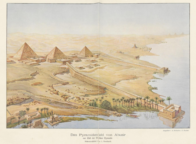 Painting of pyramids and temples in Abusir