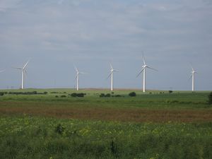 An area of flat green fields with five starkly white wind turbines standing out from the background of a blue sky.