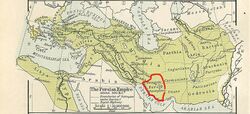 The Persian Empire, about 500 BC; Persis is the central southern province with the red outline. Its main cities are Persepolis and Pasargadae.