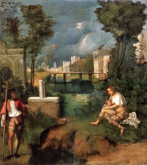 Oil painting. A mysterious landscape with Classical ruins. A man stands to the left, and to the right a nude woman feeds a baby.