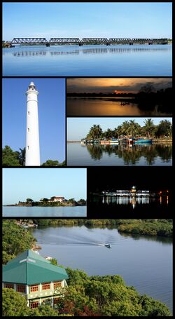 Clockwise from top: Kallady Bridge, Unnichchai Tank, Fishing boats, Batticaloa Bus stand, Batticaloa Lagoon, Batticaloa Fort, Batticaloa Lighthouse