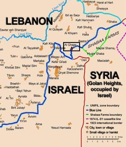 Ghajar shown highlighted straddling the Blue Line between Lebanon and Syria