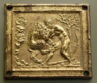 Hercules and the Nemean Lion, it (Galeazzo Mondella) (Moderno), c. 1500, gilt bronze plaquette