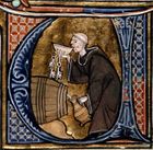 قبو الكاهن الذي يتذوق نبيذ من البرميل بينما يملئ الأبريق. في أواخرالقرن الثالث عشر من قبل ألدوبراندينو من سيينا، Li Livres dou Santé.