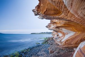 جرف صخري على شاطئ جزيرة ماريا، تسمانيا.