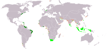 خريطة تاريخية مقارنة للامبراطورية الهولندية الاستعمارية. الأخضر الفاتح: الأراضي التي تدار أو كانت تدار في الأصل بواسطة شركة الهند الشرقية الهولندية؛ الأخضر الداكن: شركة الهند الغربية الهولندية. البلدان المعاصرة  هولندا  أنگولا  بلجيكا  البرازيل  تشيلي  غانا  گويانا  الهند  إندونيسيا  لوكسمبورگ  ماليزيا  موريشيوس  جنوب أفريقيا  سريلانكا  سورينام  تايوان  المملكة المتحدة  الولايات المتحدة