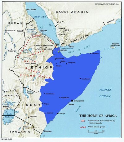 المنطقة التقريبية للأمة الصومالية بالنسبة للبلدان المجاورة.