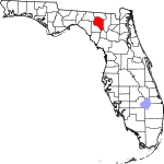 A state map highlighting Suwannee County in the corner part of the state. It is medium in size.