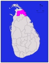 Area map of Mullaitivu District, extending to the west from the north by east coast in the Northern Province of Sri Lanka