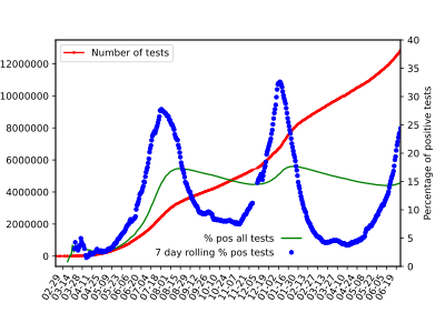 Cumulative number of tests and ratio of positive to total tests (data missing on 25 March)